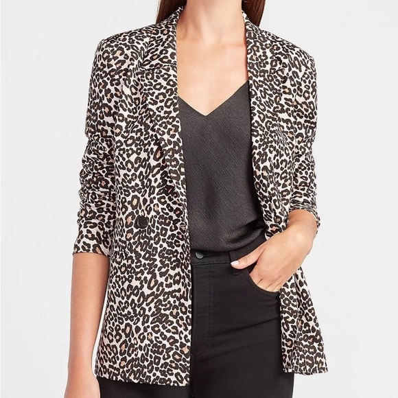 Express Women XS Leopard Print Knit Modern Long Sleeve Longline Boyfriend Blazer - Picture 1 of 12